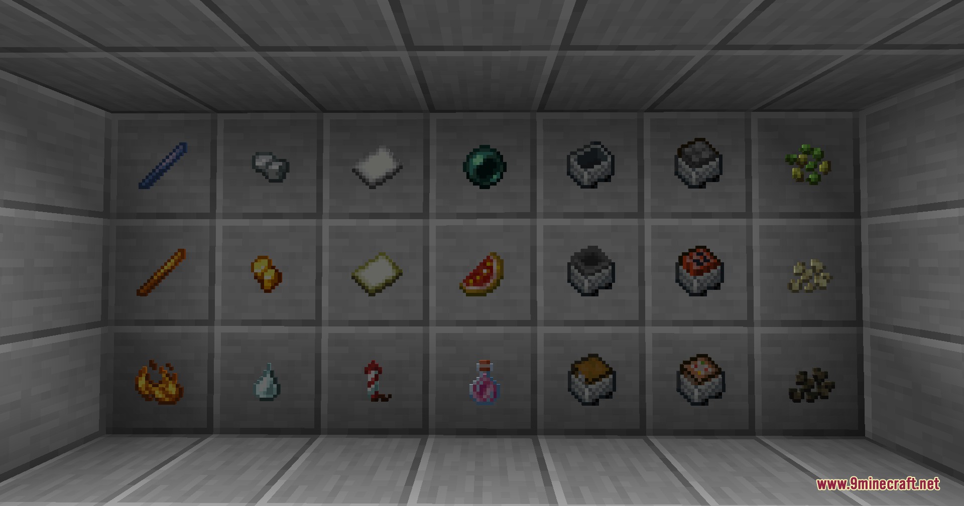 XR's Tiny Edits Resource Pack Screenshot 3 A wall of item frames showcasing refined textures for various Minecraft items and materials