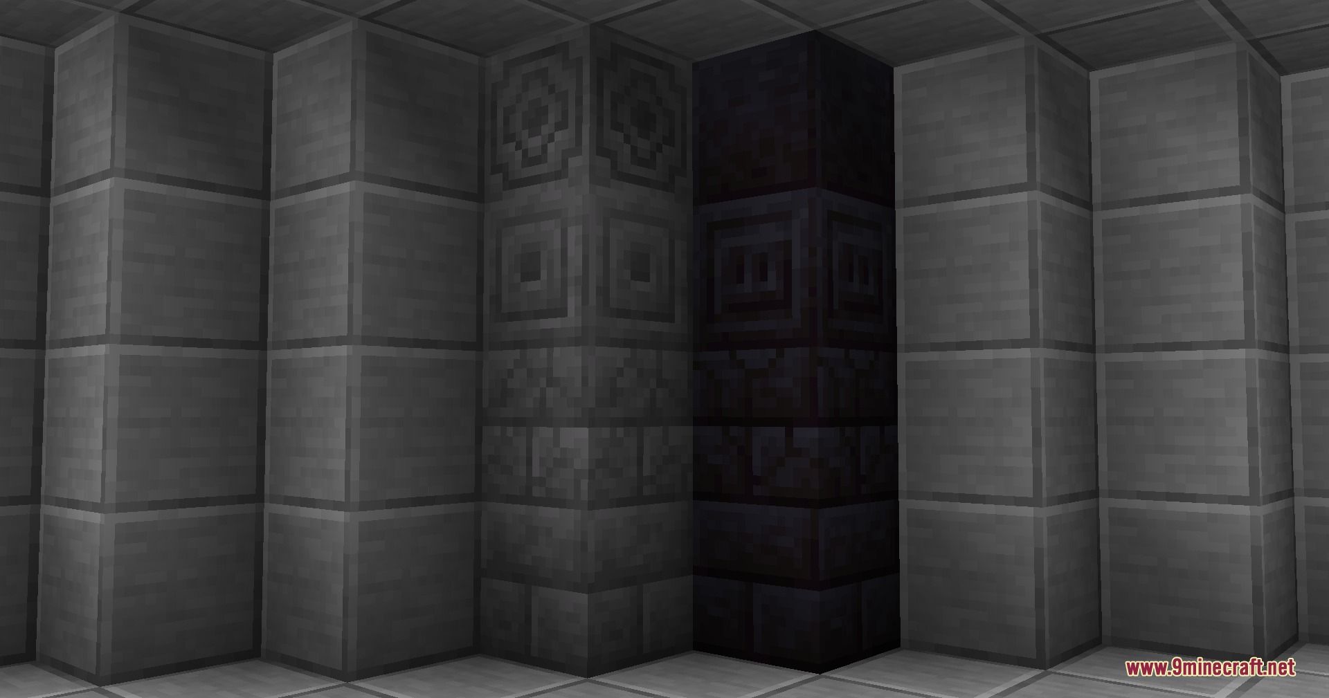 XR's Tiny Edits Resource Pack Screenshot 4 Different stone and blackstone block variants with clean textures displayed in a corner