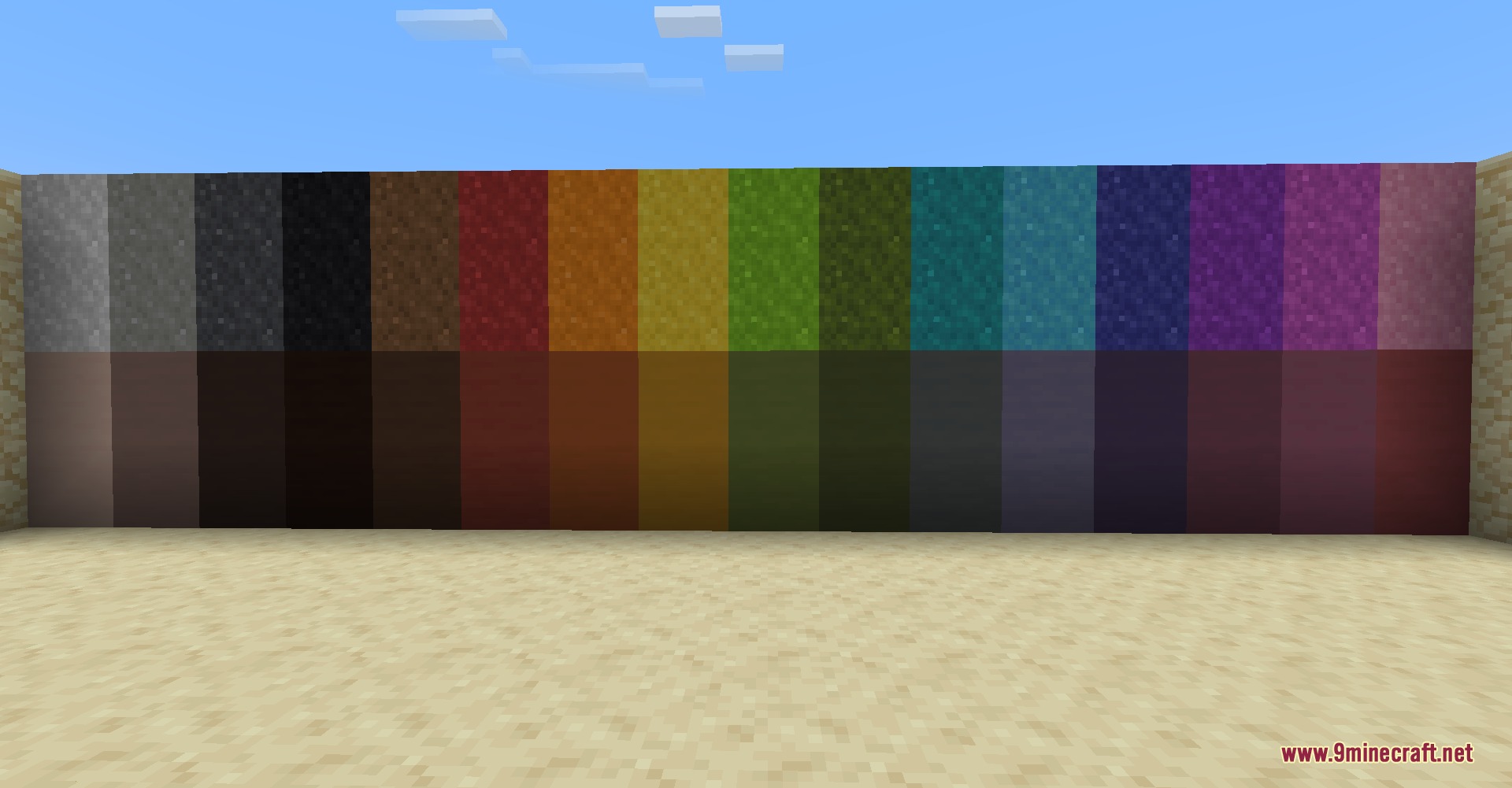 XR's Tiny Edits Resource Pack Screenshot 6 A wall displaying various colors of terracotta and concrete powder blocks