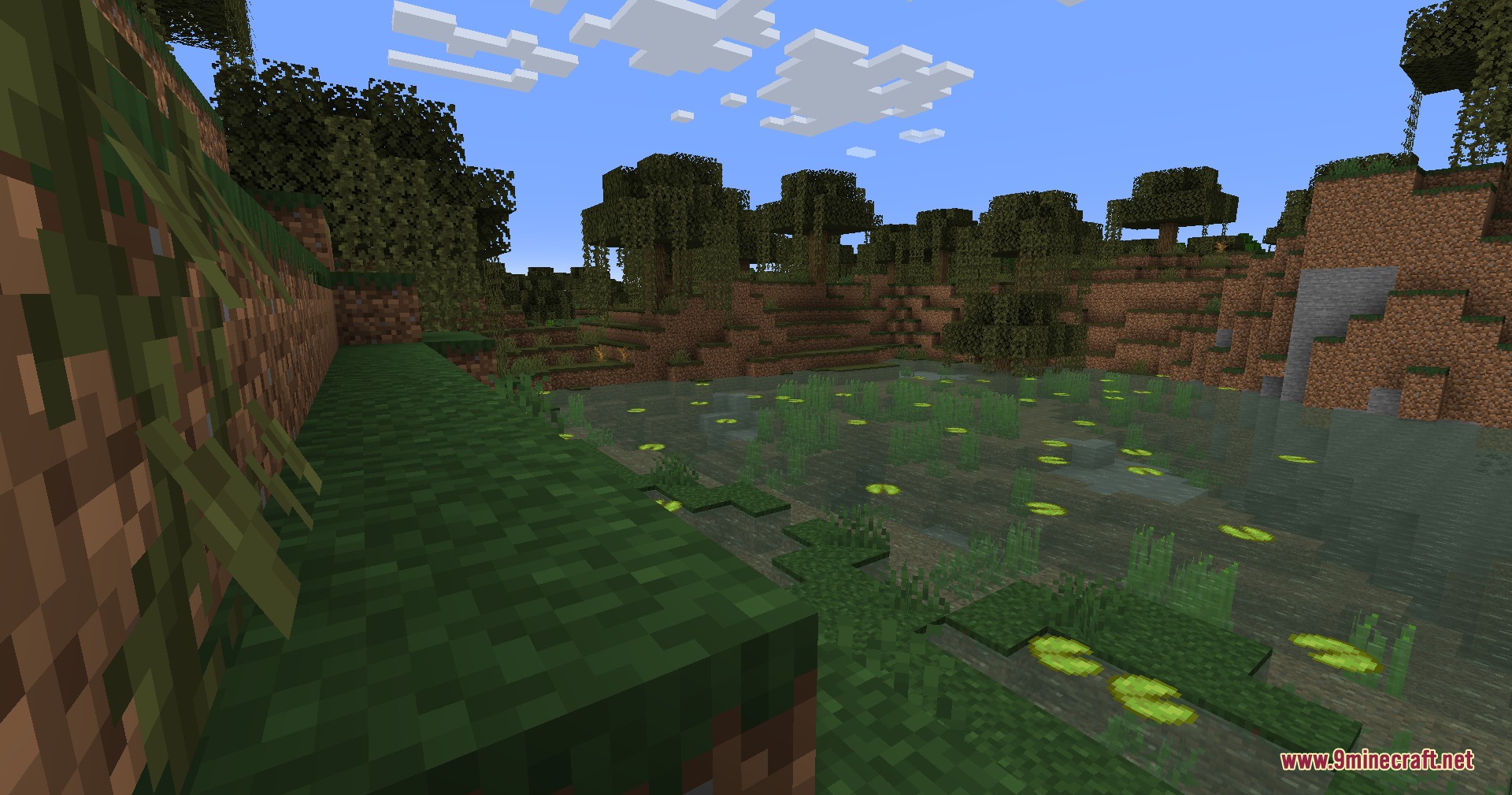 XR's Tiny Edits Resource Pack Screenshot 7 A swamp biome featuring updated lilypad models and bushy green vines