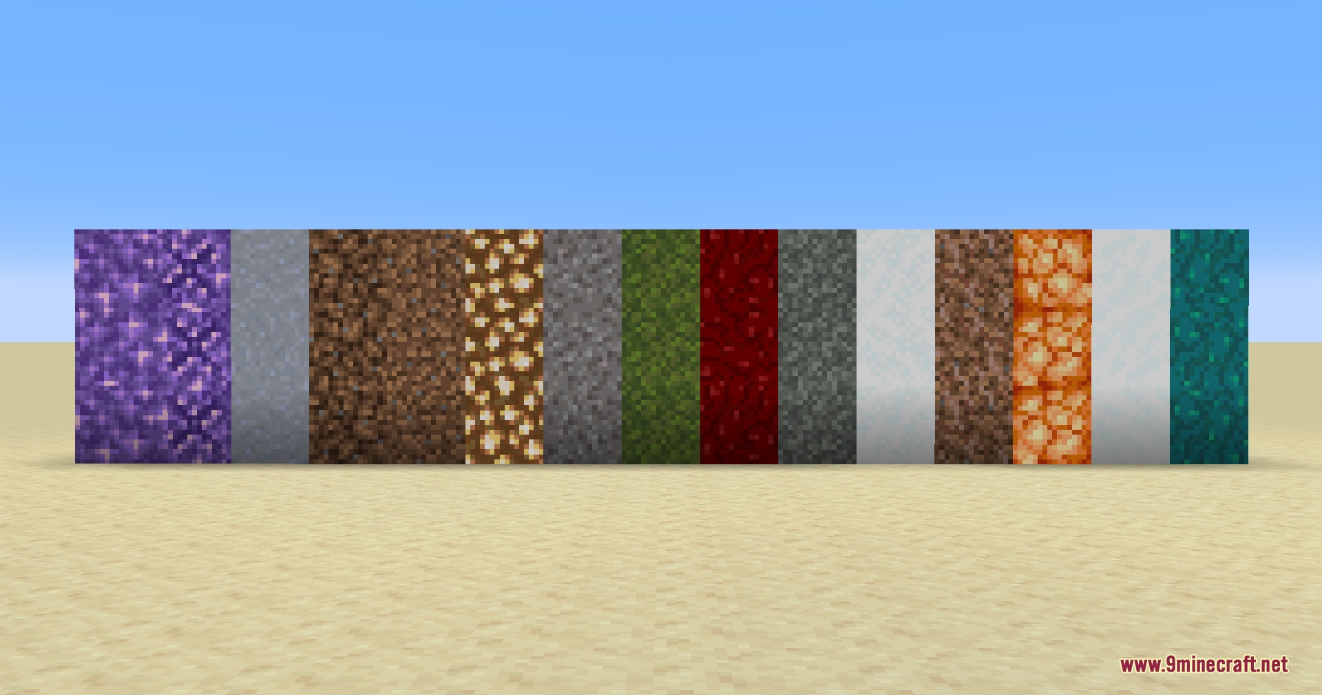 XR's Tiny Edits Resource Pack Screenshot 8 A row of diverse Minecraft blocks displaying subtle texture improvements and cleaner designs