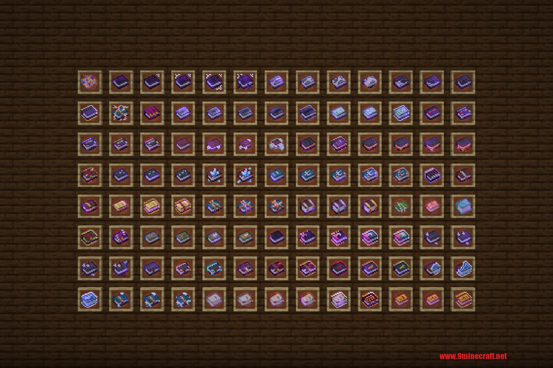 Every enchanted book variant from Xali's Enchanted Books shown in item frames on one wall