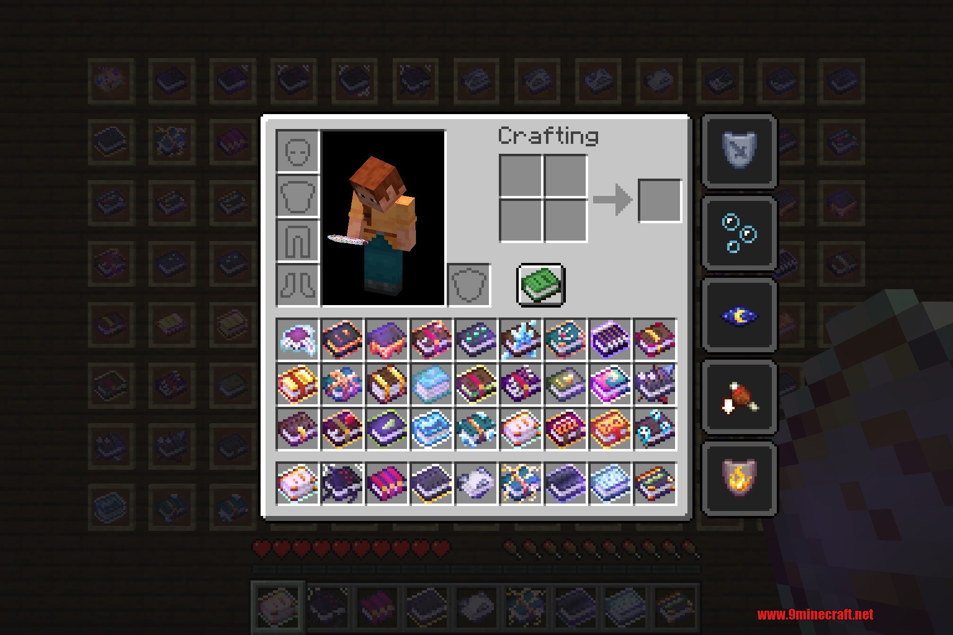 The player inventory filled with enchanted books, each one showing its own artwork