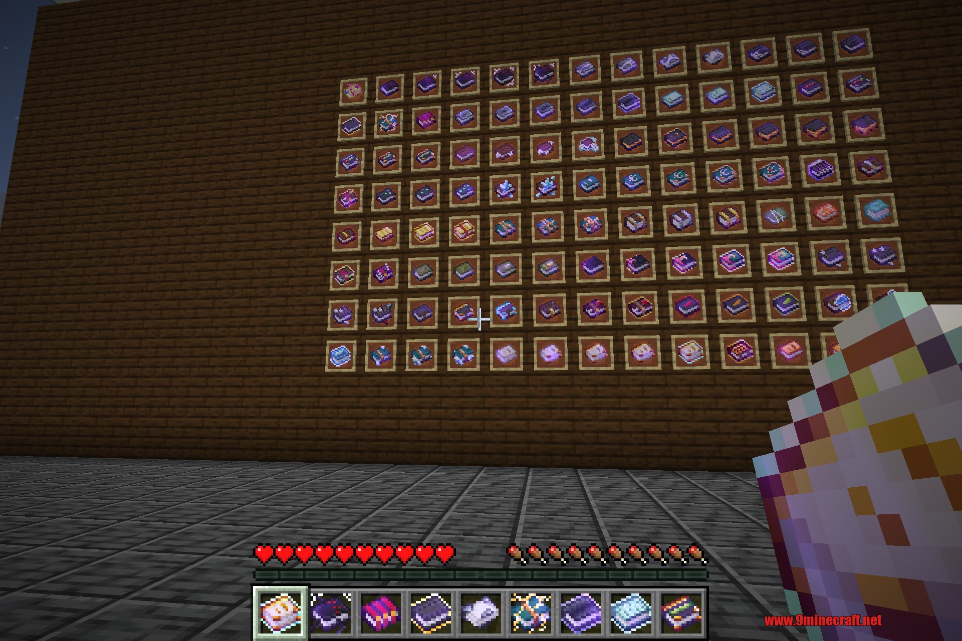 First-person view holding a retextured enchanted book in front of the full book collection