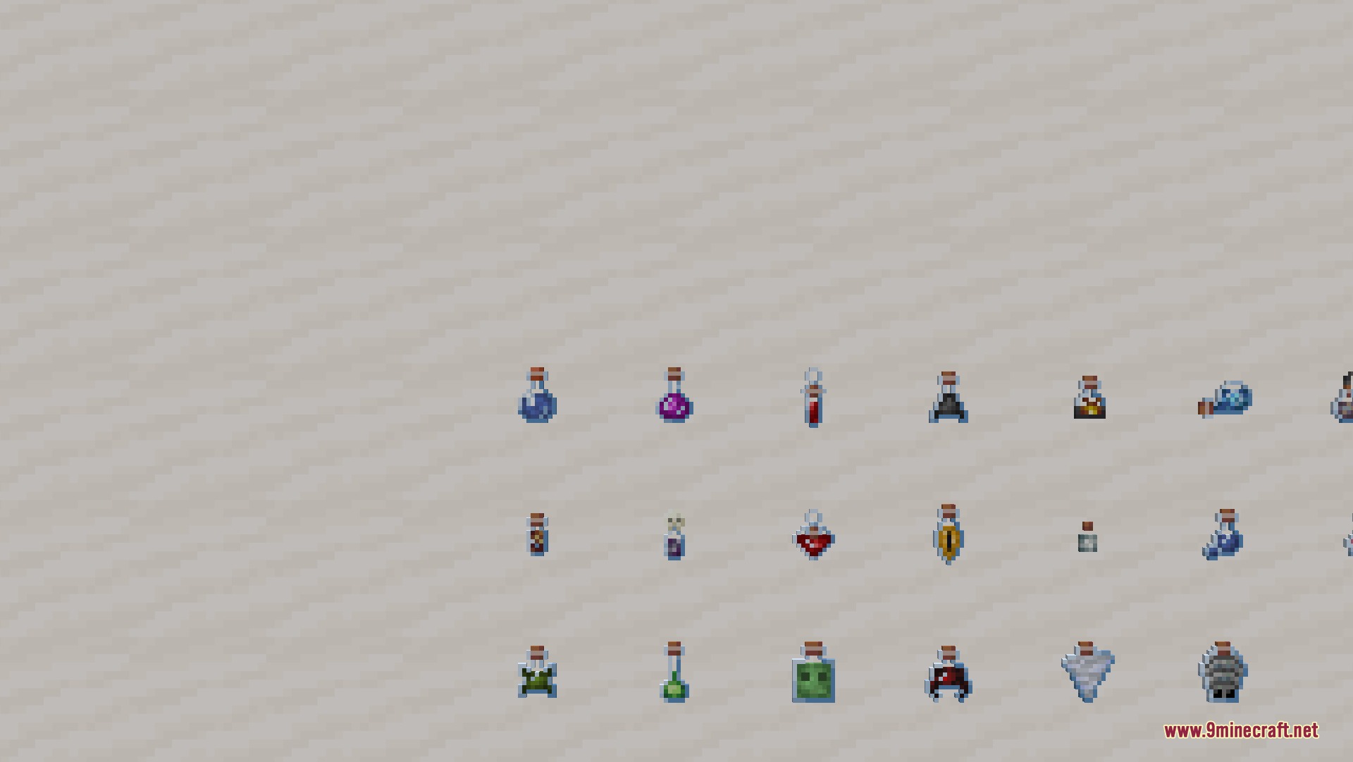Xalis Potions 9minecraft Resource Pack Screenshot 2 Detailed view of various potion bottles with unique icons and distinct visual styles