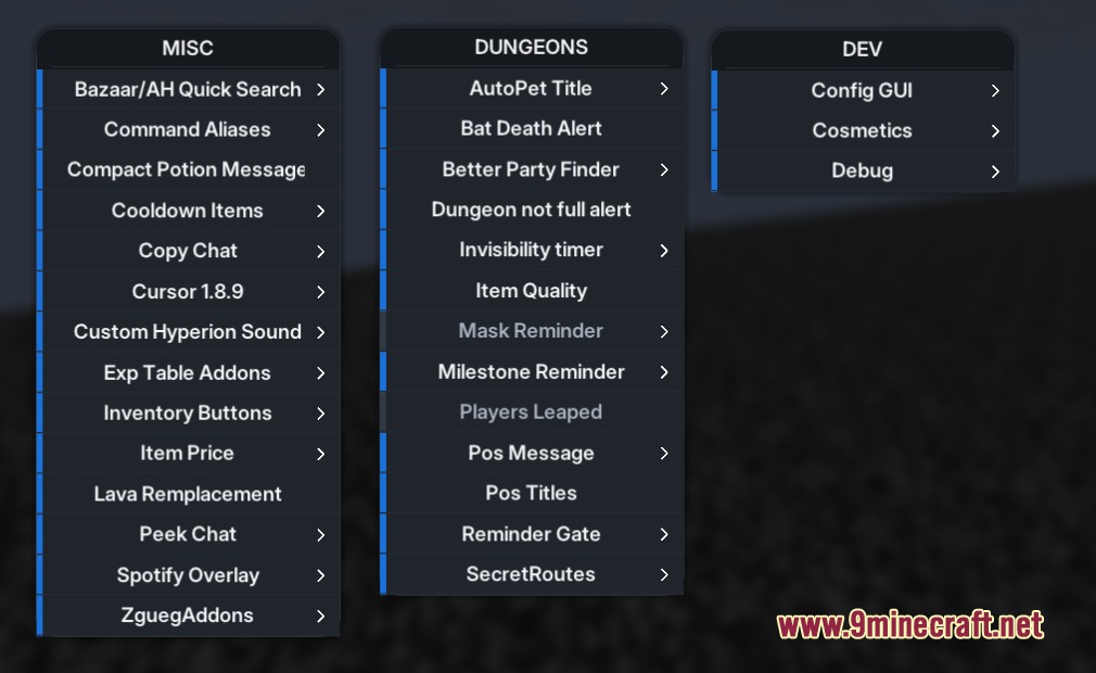 Xen Addons Mod Screenshot 1 A configuration menu showing various miscellaneous and dungeon settings for Xen Addons Mod