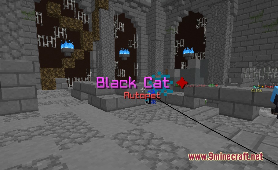 Xen Addons Mod Screenshot 2 A player sees floating text alerts for a pet inside a stone dungeon