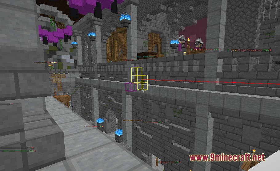 Xen Addons Mod Screenshot 3 Minecraft dungeon with red lines and yellow boxes highlighting a secret route path