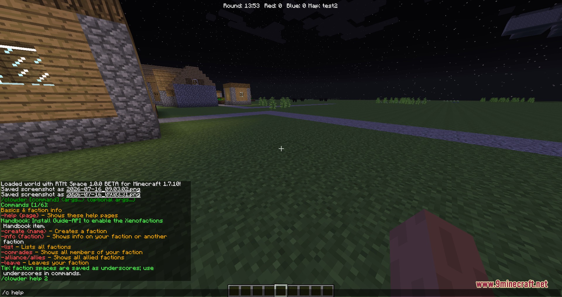 Xeno Factions Mod Screenshot 1 Player viewing the Xeno Factions command list in the chat window at night