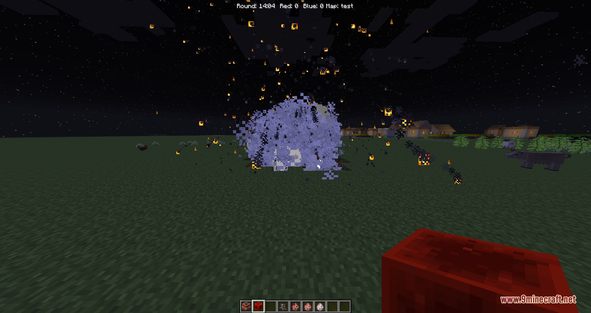 Xeno Factions Mod Screenshot 2 Player holding a redstone block while watching a massive explosion in the distance