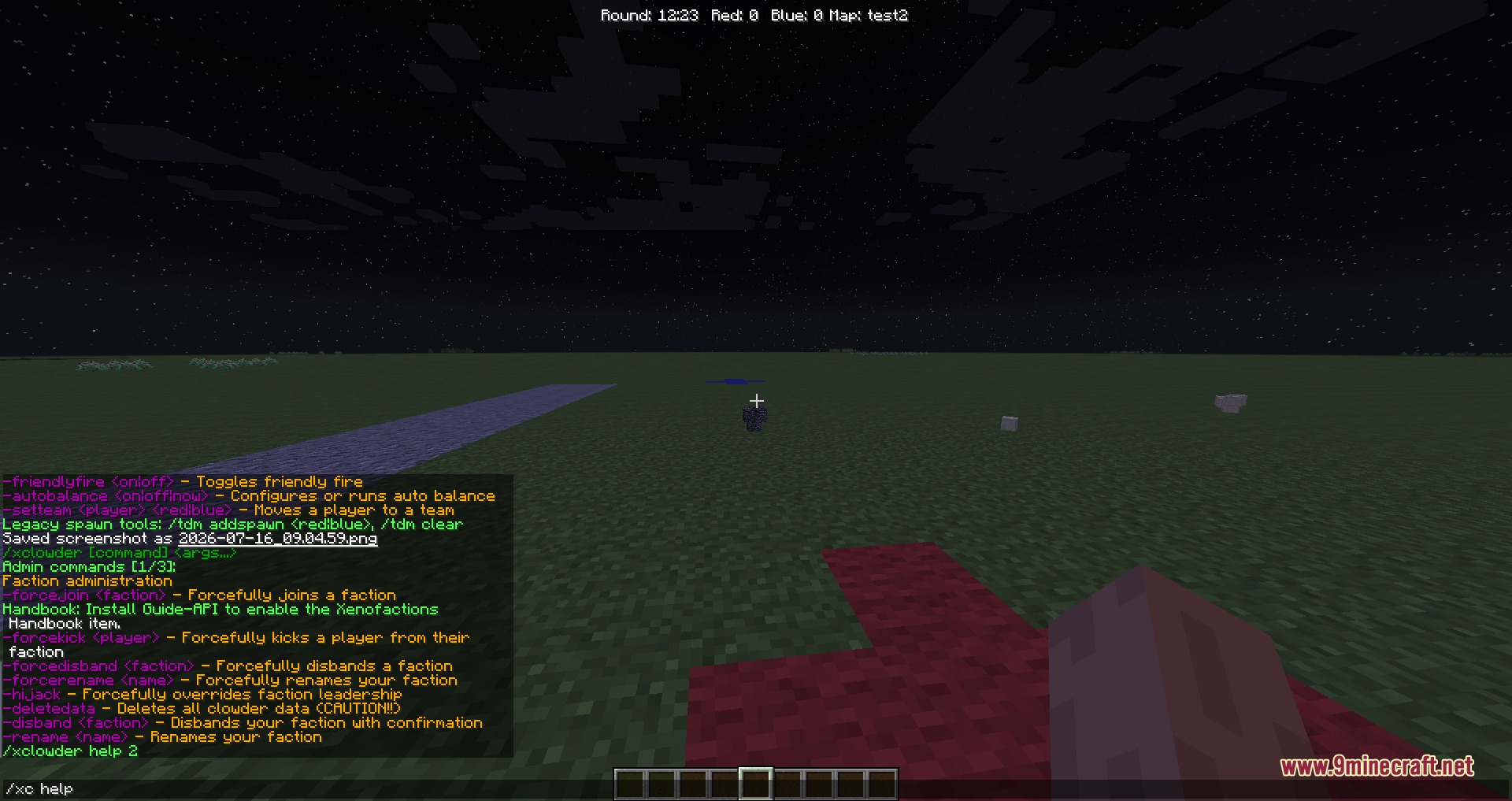 Xeno Factions Mod Screenshot 5 A player views faction administration commands in the Minecraft chat window at night