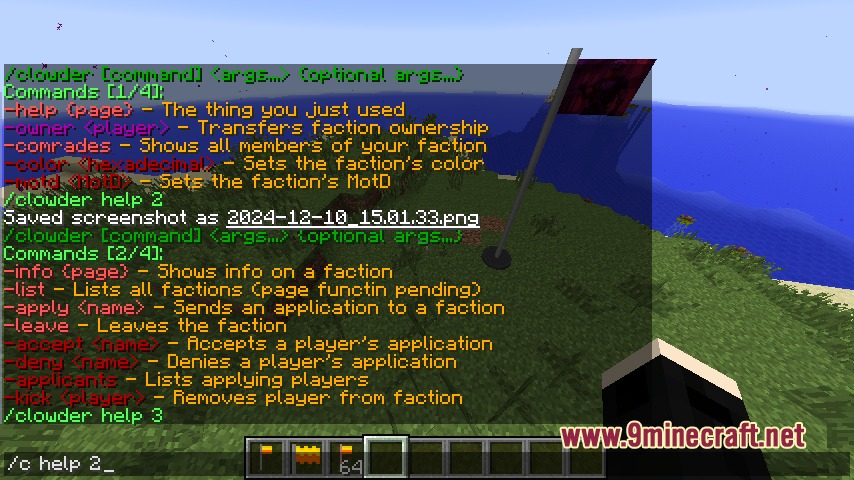 Xeno Factions by RagexPrince683 Mod Screenshot 6 Minecraft chat menu displaying faction management commands next to a red banner flag