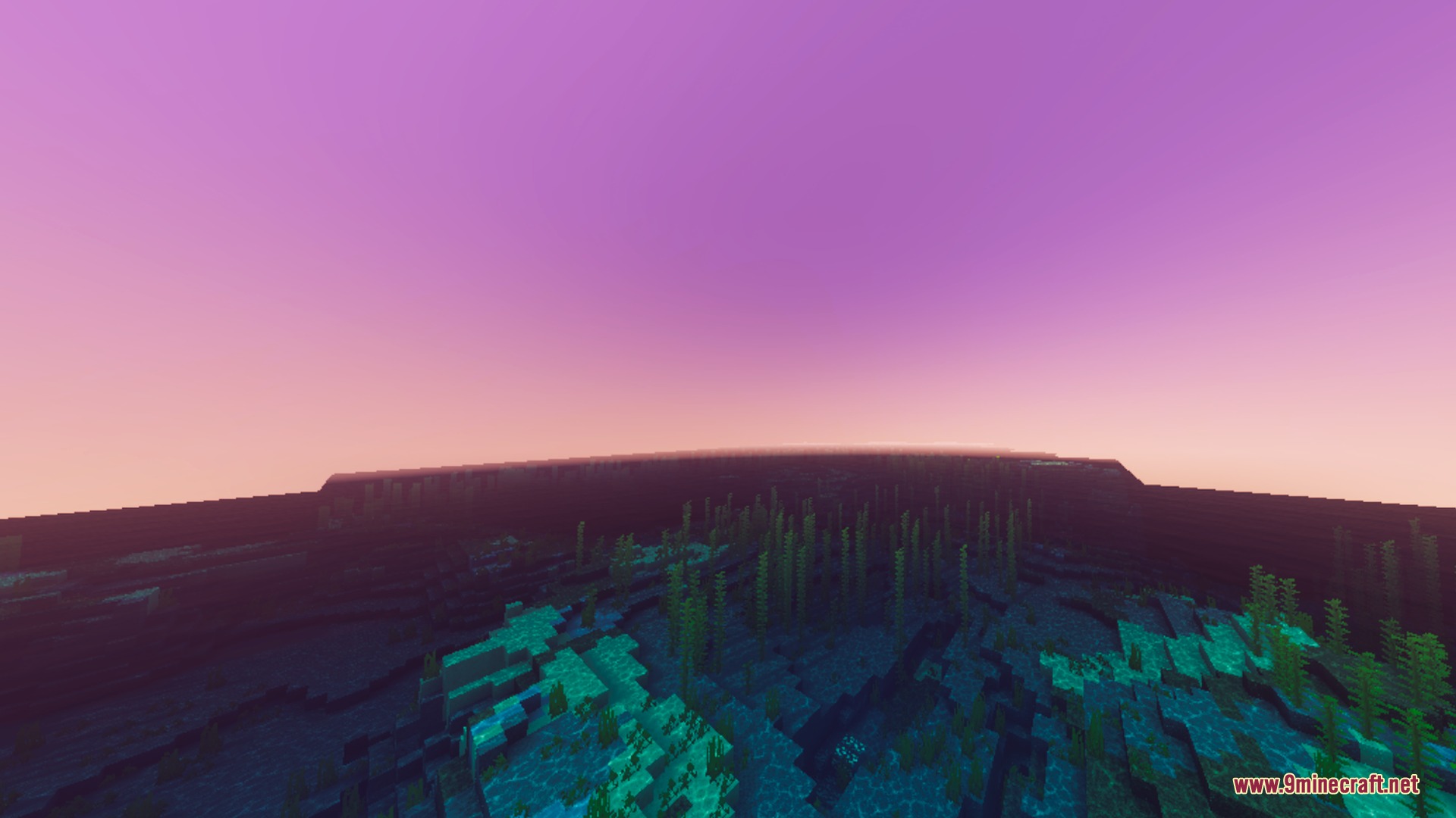 Vibrant underwater landscape with kelp and glowing textures under purple skies