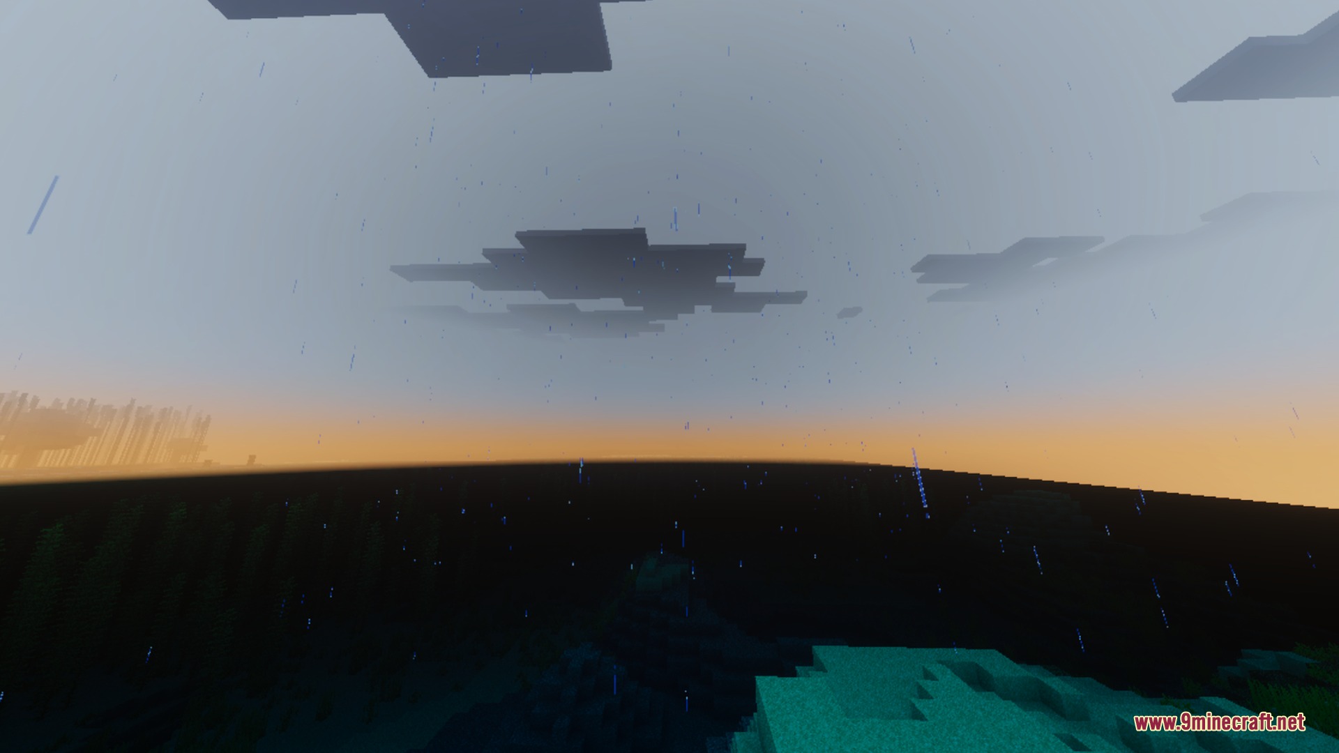 Rain falling from dark clouds over a landscape with a golden horizon