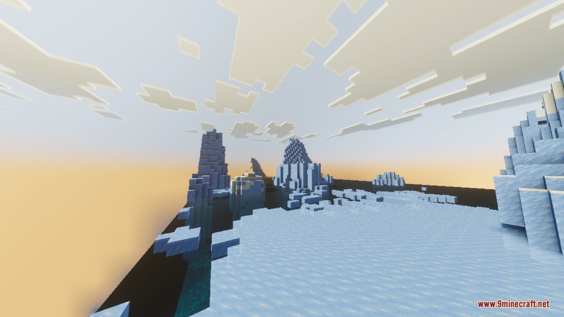 Tall ice spikes stand in a frozen biome under warm cinematic lighting effects