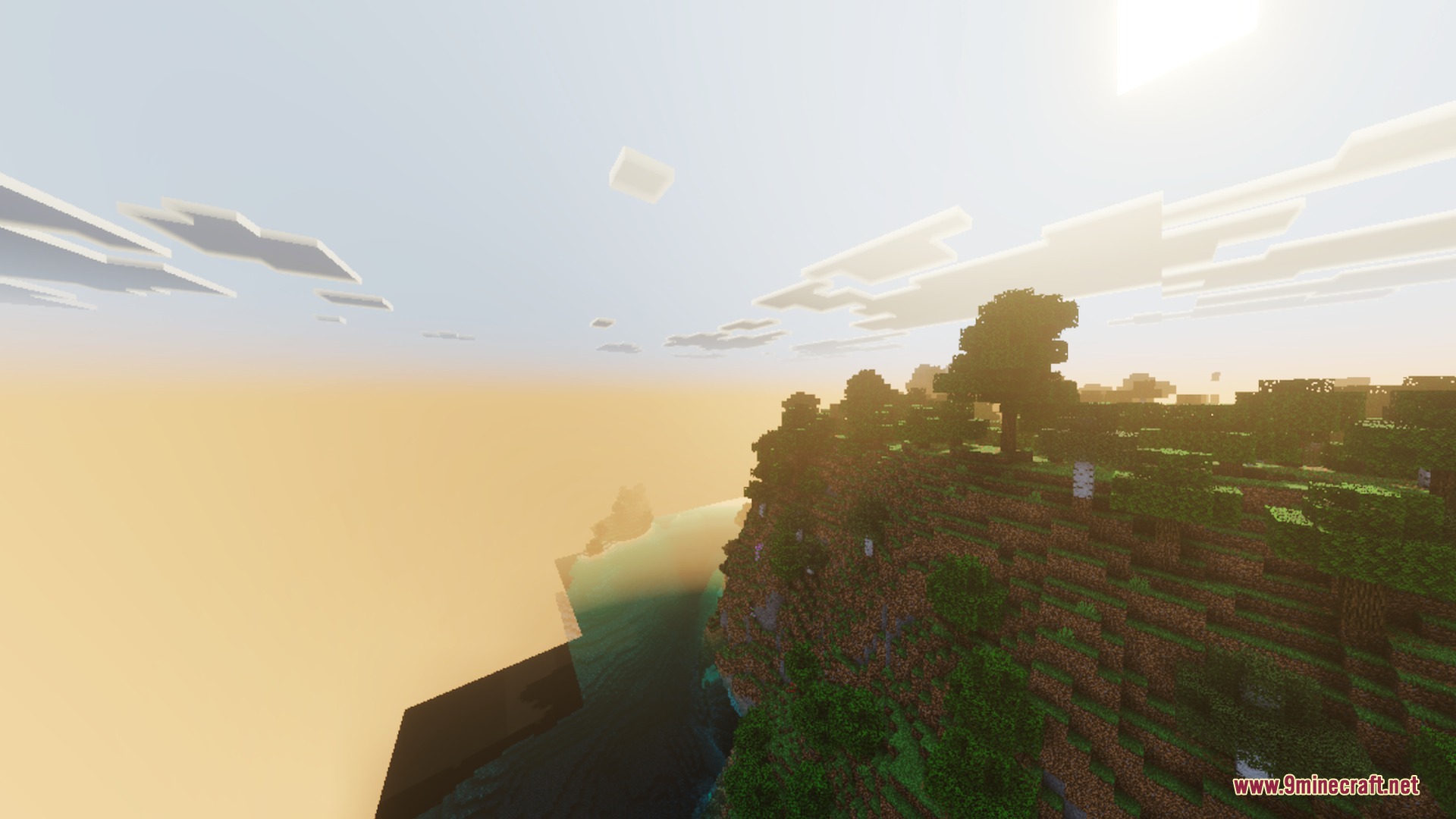 Warm cinematic lighting and volumetric fog over a steep green Minecraft cliff