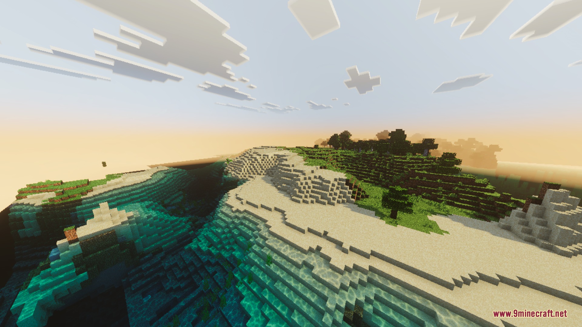 Reflective water with animated waves along a bright sandy Minecraft beach shore
