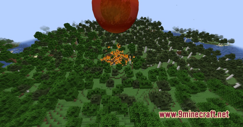A giant fireball falls from the sky onto a dense green forest