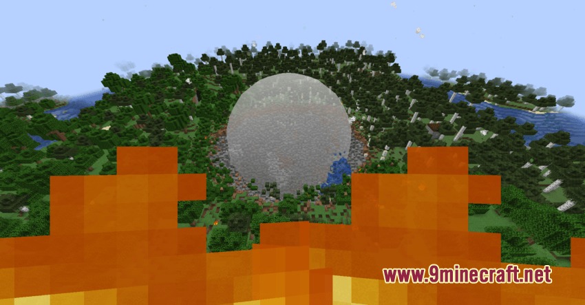 A giant white energy dome sits in a forest behind orange flames