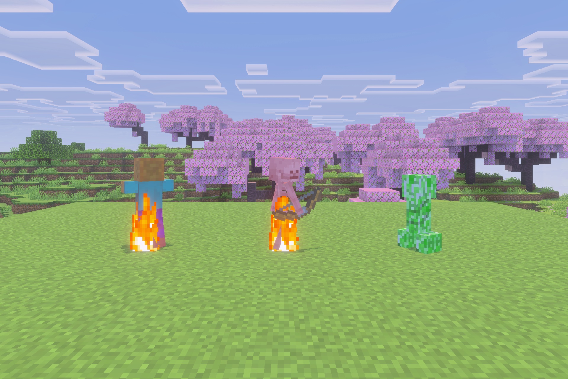 Xnova Remastered Texture Pack Screenshot 2 Burning zombie and skeleton standing next to a creeper in the sunlight