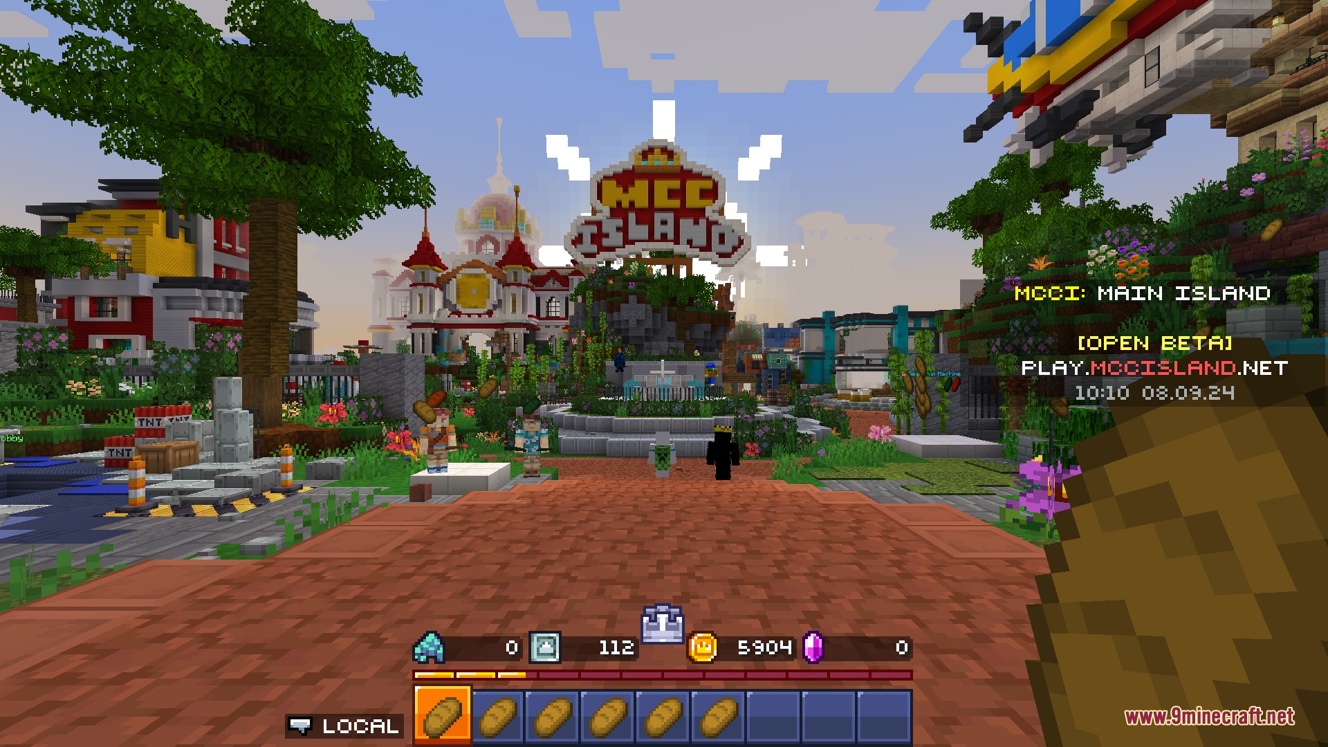 Yeasty Everything Mod Screenshot 3 A Minecraft player explores a server hub with a hotbar full of bread
