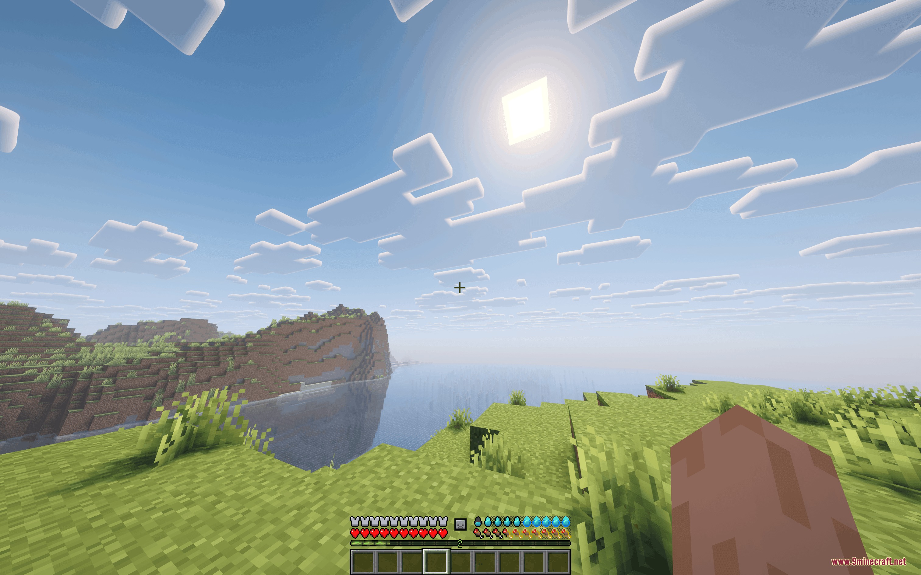 Minecraft landscape showing a blue thirst bar above the hunger and health bars