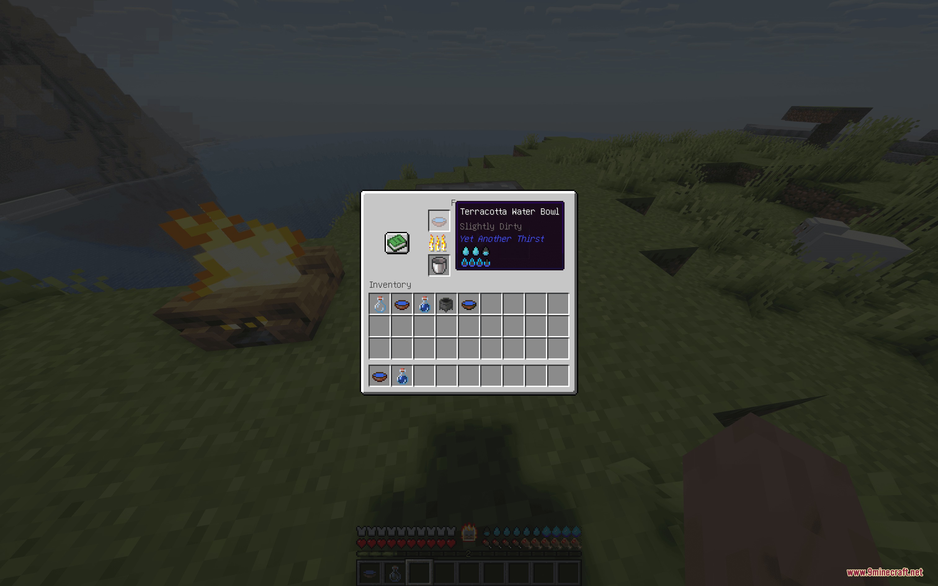 Inventory menu showing a terracotta water bowl from the Yet Another Thirst mod