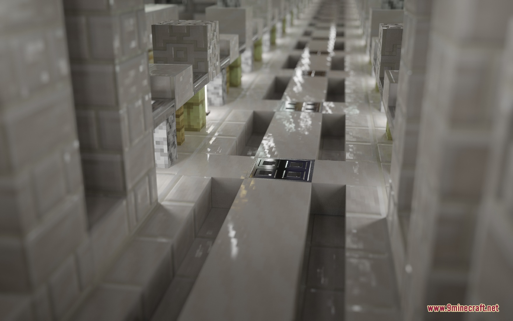 Yitality Resource Pack Screenshot 1 Polished white blocks with realistic reflections and depth in a long hallway