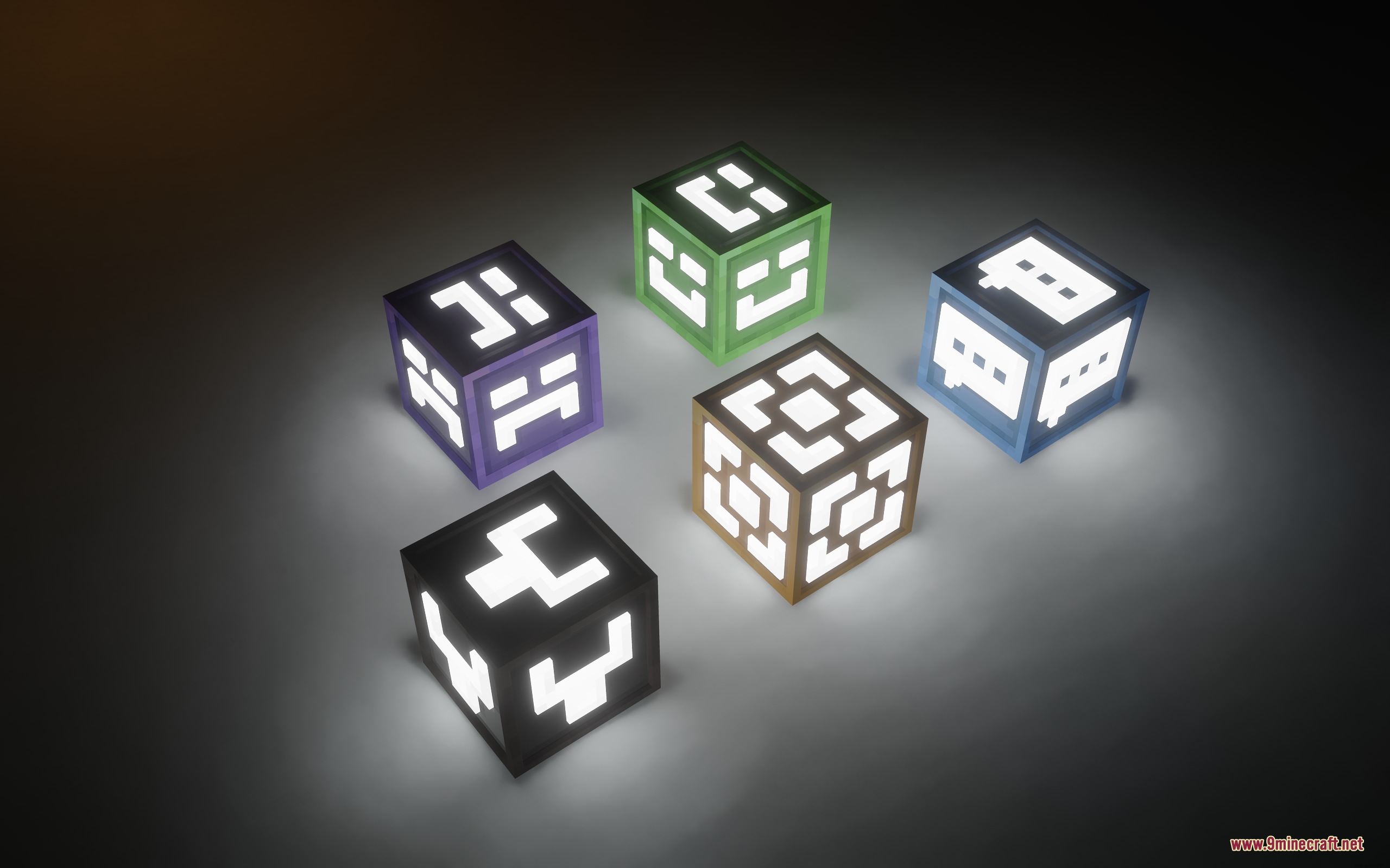 Yitality Resource Pack Screenshot 2 Five glowing blocks with colorful frames and unique patterns in a dark room