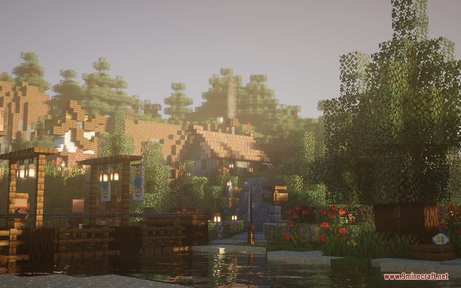 Yitality Resource Pack Screenshot 4 A scenic Minecraft village with realistic water reflections and soft morning sunlight