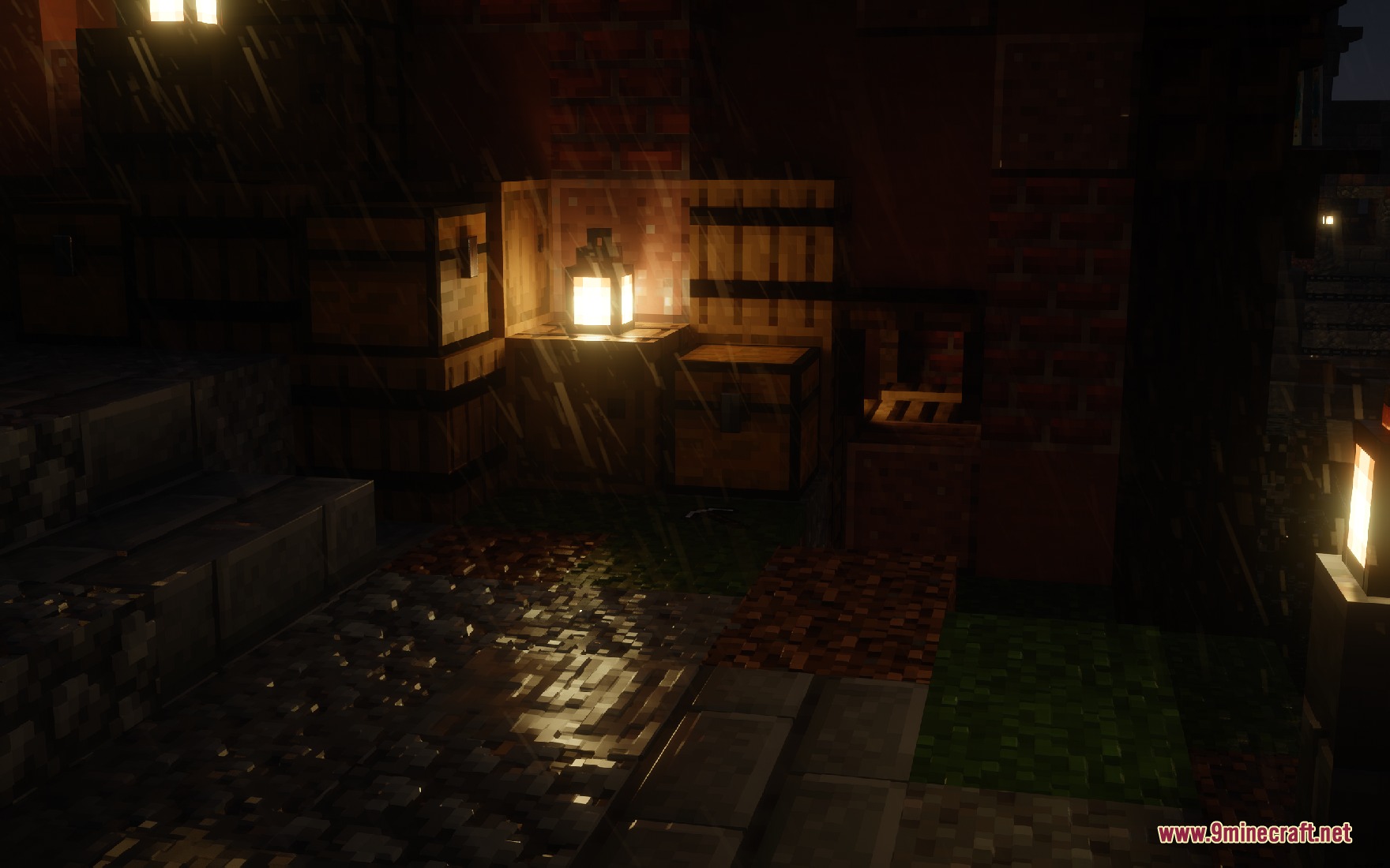 Yitality Resource Pack Screenshot 5 A glowing lantern sits on a chest in a dark rainy environment