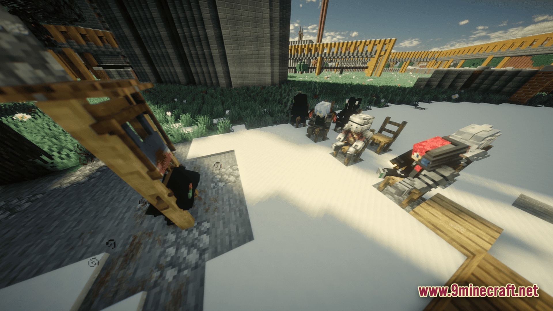 ZOMBIEMANIA A Modern Zombie Apocalypse Modpack Screenshot 10 Several players in custom armor sit on wooden chairs within a snowy outdoor base area