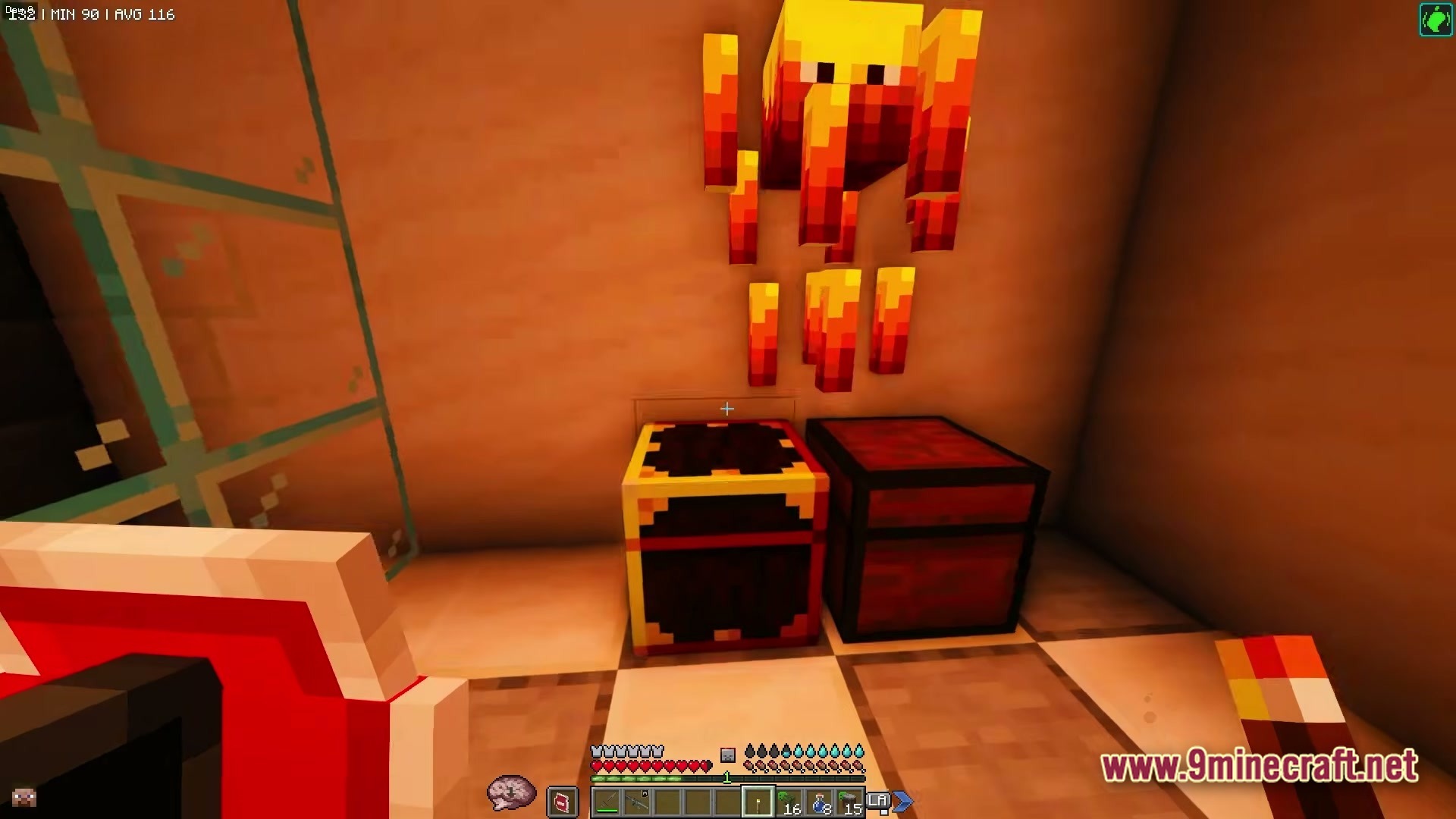 ZOMBIEMANIA A Modern Zombie Apocalypse Modpack Screenshot 2 A Blaze mob floating above two storage chests inside a building with tiled flooring