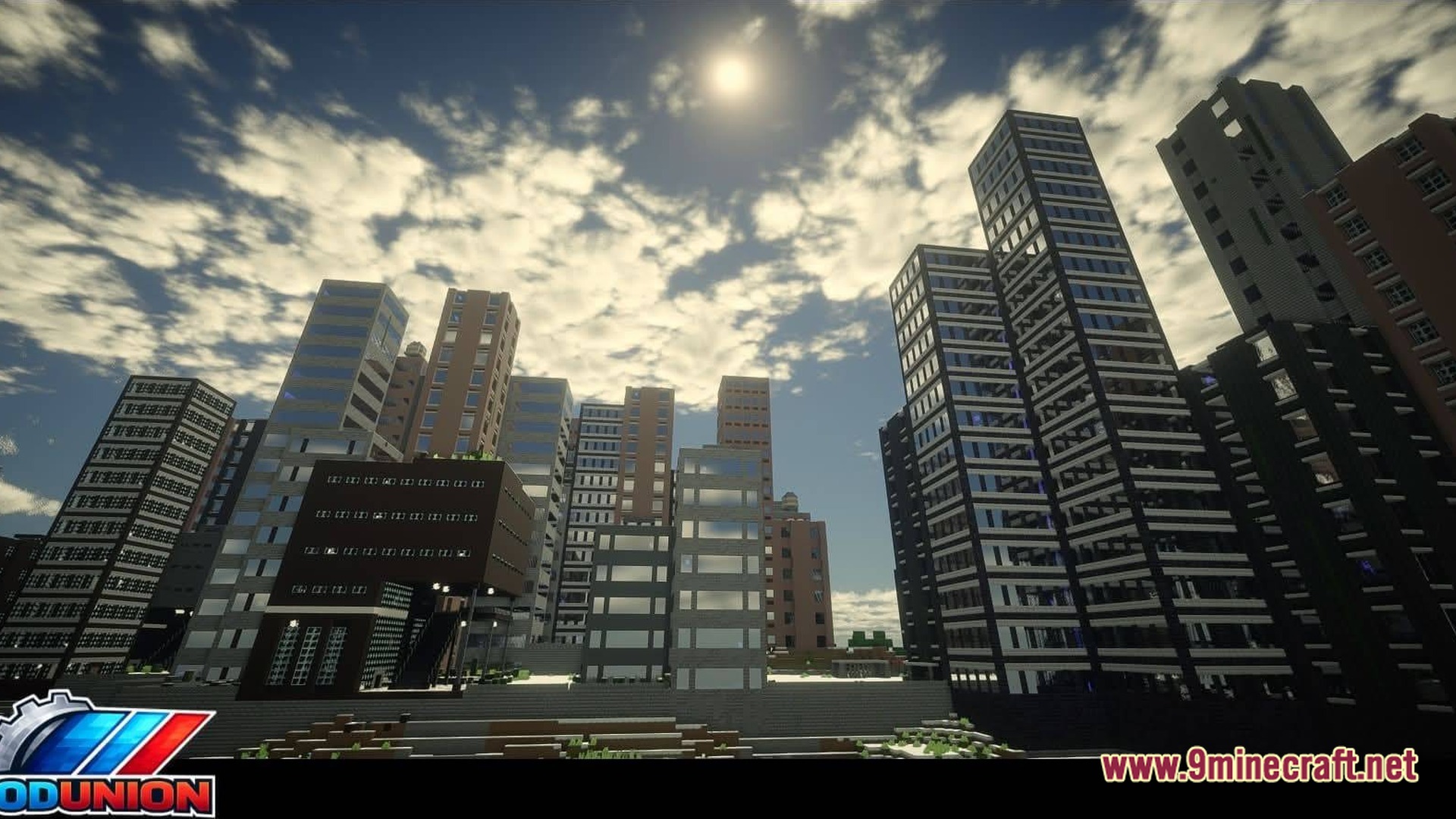 ZOMBIEMANIA A Modern Zombie Apocalypse Modpack Screenshot 7 A sprawling urban landscape featuring numerous modern skyscrapers and office buildings under a bright, cloudy sky