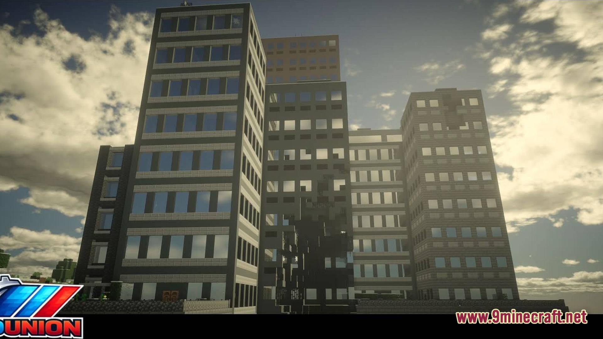 ZOMBIEMANIA A Modern Zombie Apocalypse Modpack Screenshot 8 A cluster of modern high-rise office buildings under a cloudy sky in a city environment