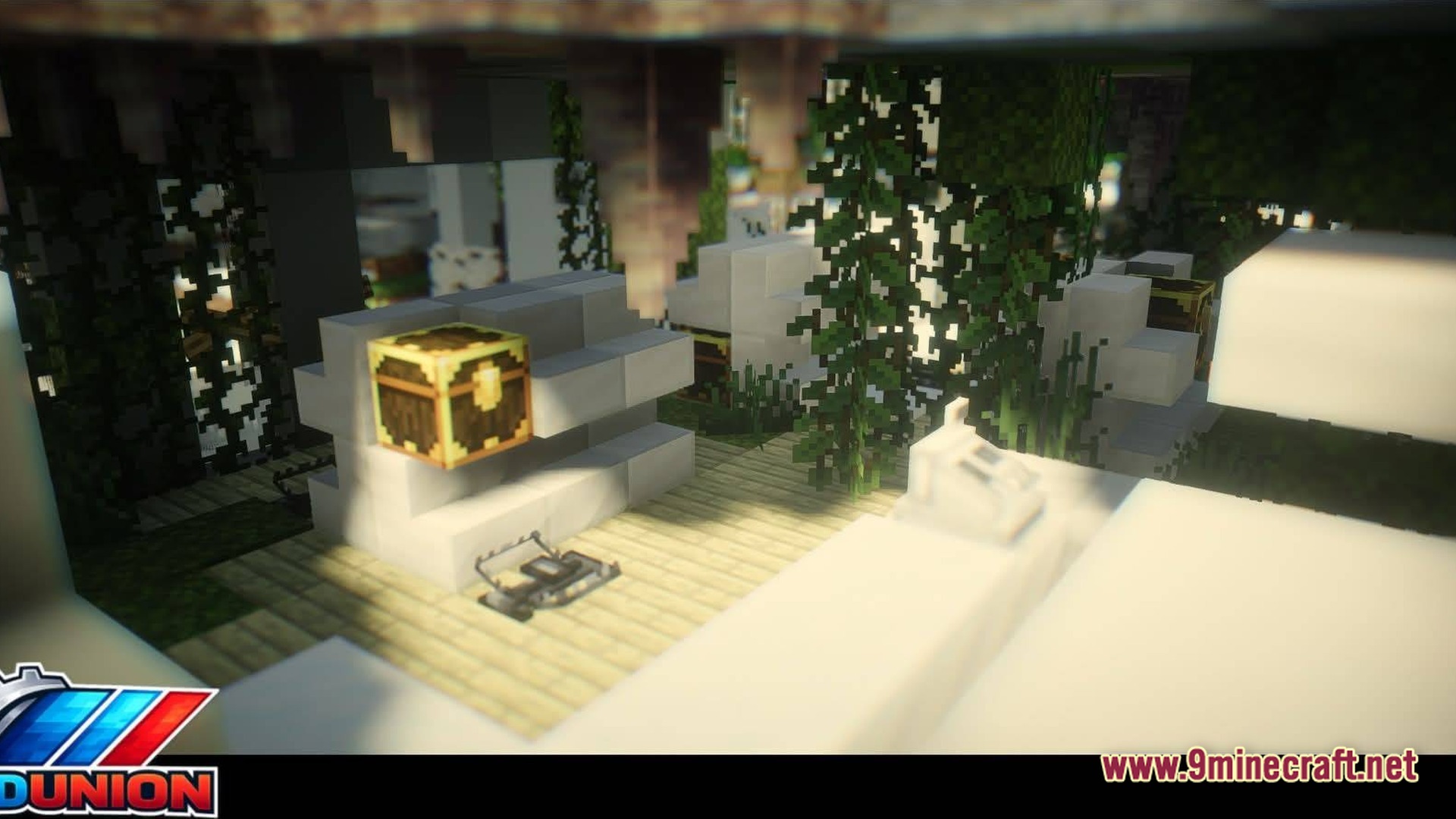ZOMBIEMANIA A Modern Zombie Apocalypse Modpack Screenshot 9 An overgrown store interior featuring a loot chest, a cash register, and a bear trap