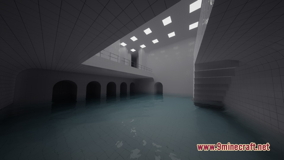 Zach's Liminal Backrooms Blocks Mod Screenshot 2 A large indoor poolroom area with white tiles and square ceiling lights