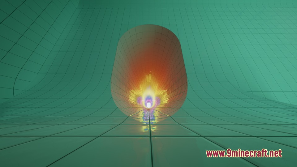 Zach's Liminal Backrooms Blocks Mod Screenshot 4 A glowing tunnel entrance inside a tiled poolrooms area with water reflections