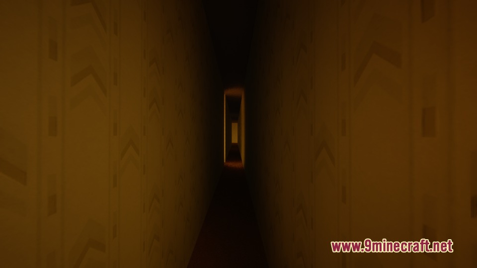 Zach's Liminal Backrooms Blocks Mod Screenshot 5 A narrow yellow hallway with patterned wallpaper from a liminal backrooms level