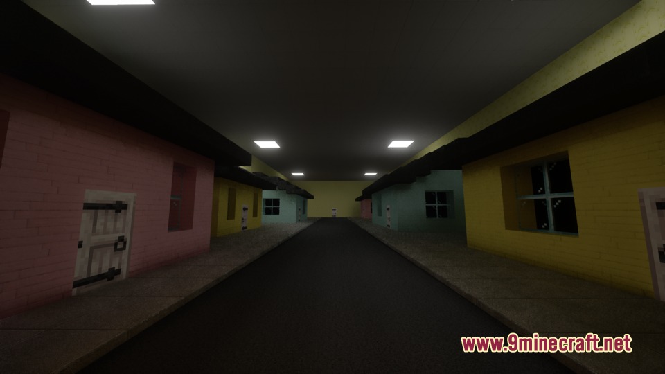 Zach's Liminal Backrooms Blocks Mod Screenshot 6 Colorful houses along a dark street created with Zachs Liminal Backrooms Blocks Mod