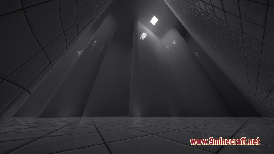 Zach's Liminal Backrooms Blocks Mod Screenshot 7 A dark liminal space with white tiled walls and a single bright light