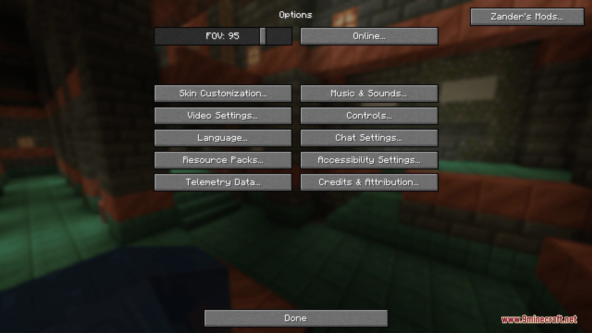 Zander Core Mod Screenshot 1 The Minecraft options screen featuring a special button for Zander Mods configuration