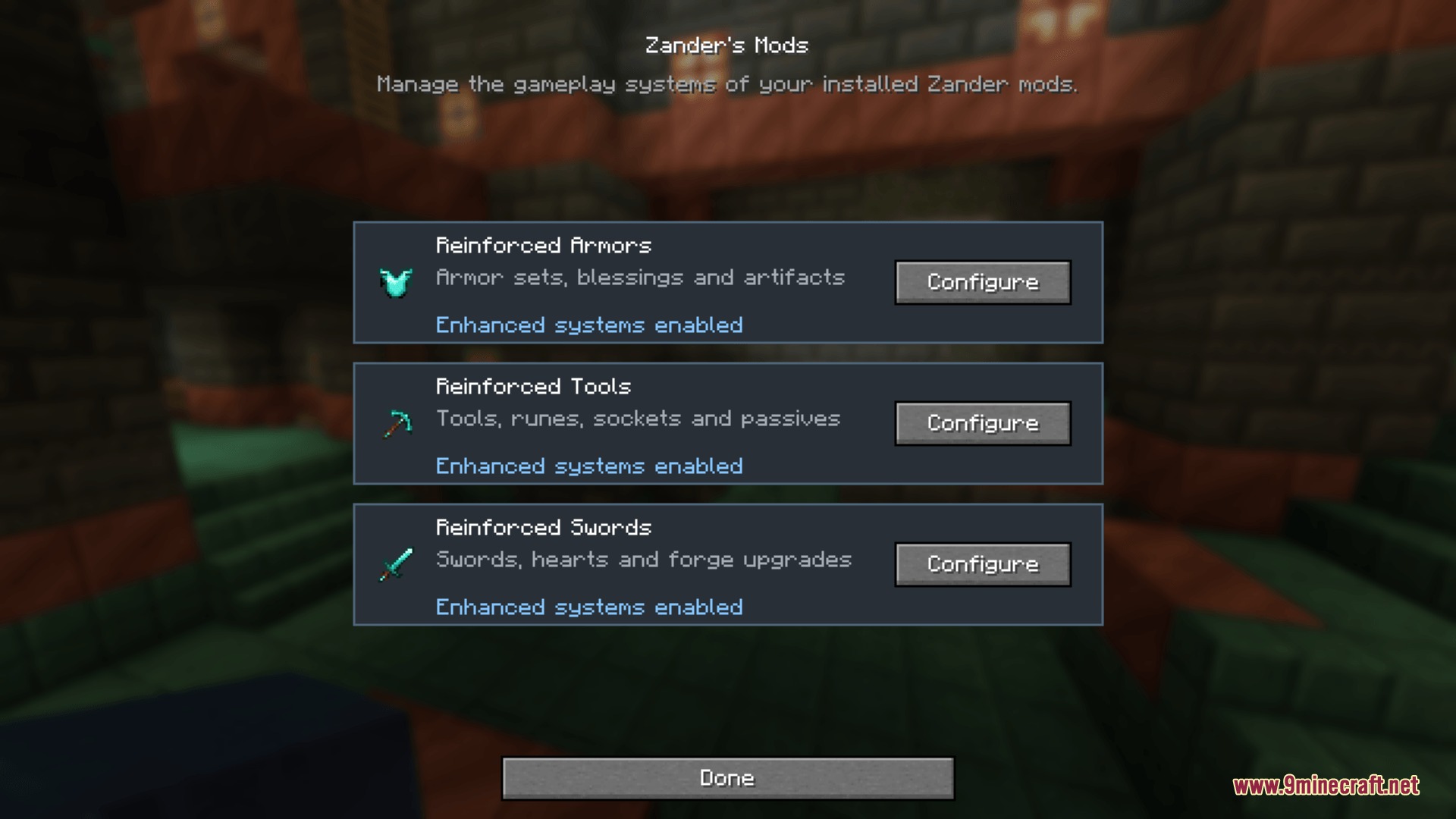 Zander Core Mod Screenshot 2 Custom interface for configuring reinforced armor tools and swords within the game