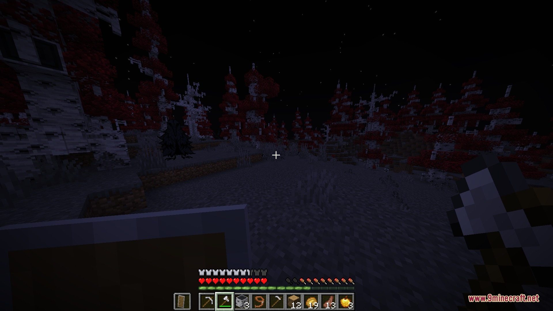 Zedonho Mod Screenshot 1 Player holding a shield while exploring a haunted forest at night
