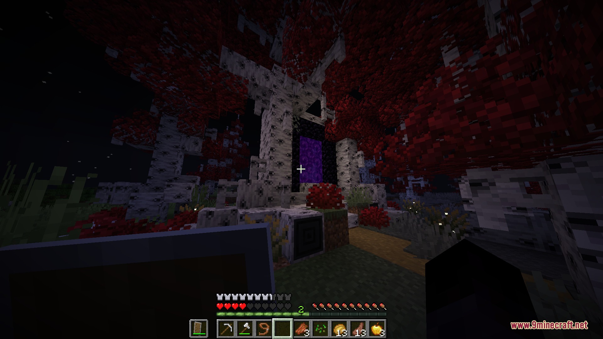 Zedonho Mod Screenshot 4 Purple Nether portal surrounded by birch trees with red leaves in spooky forest