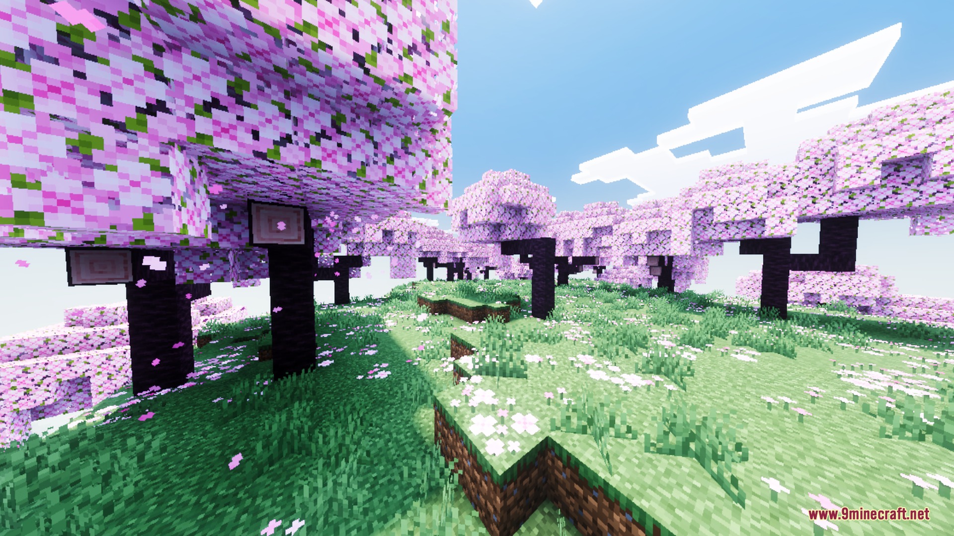 ZenXveda Shaders Screenshot 1 Cherry blossom trees with pink leaves and falling petals in a grassy field