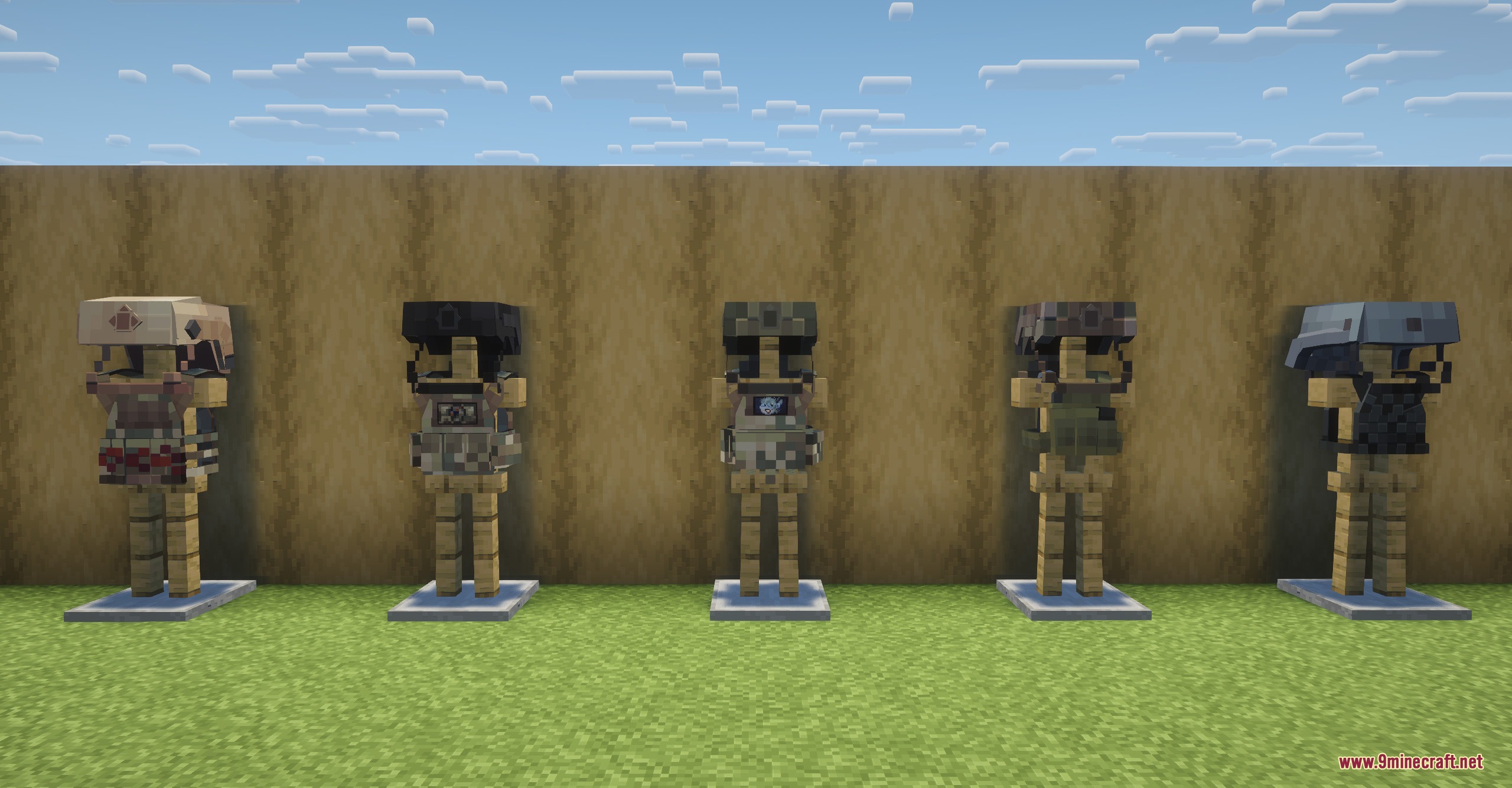 Tactical armor and helmets displayed on armor stands against a wall