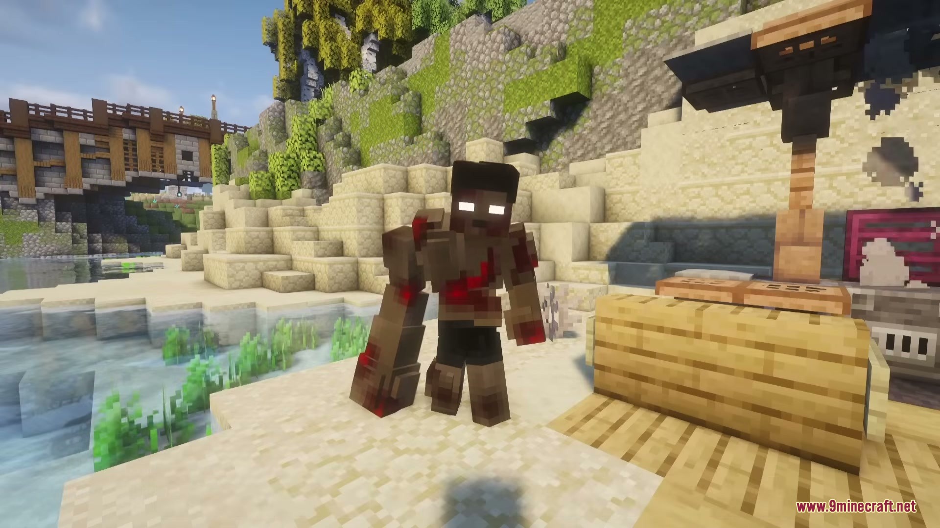 Zombie Extinction Mod Screenshot 1 The Devastator zombie with a giant mutated arm stands on a sandy beach