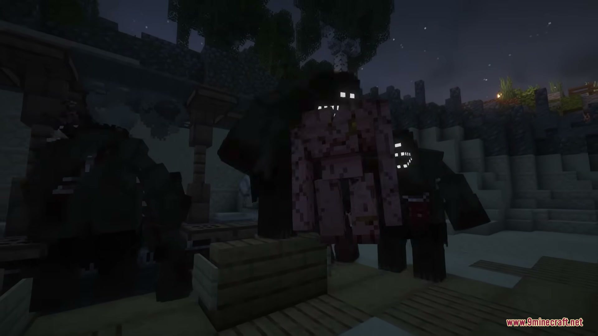 Zombie Extinction Mod Screenshot 10 Large monsters with glowing eyes holding a pink creature in a dark setting