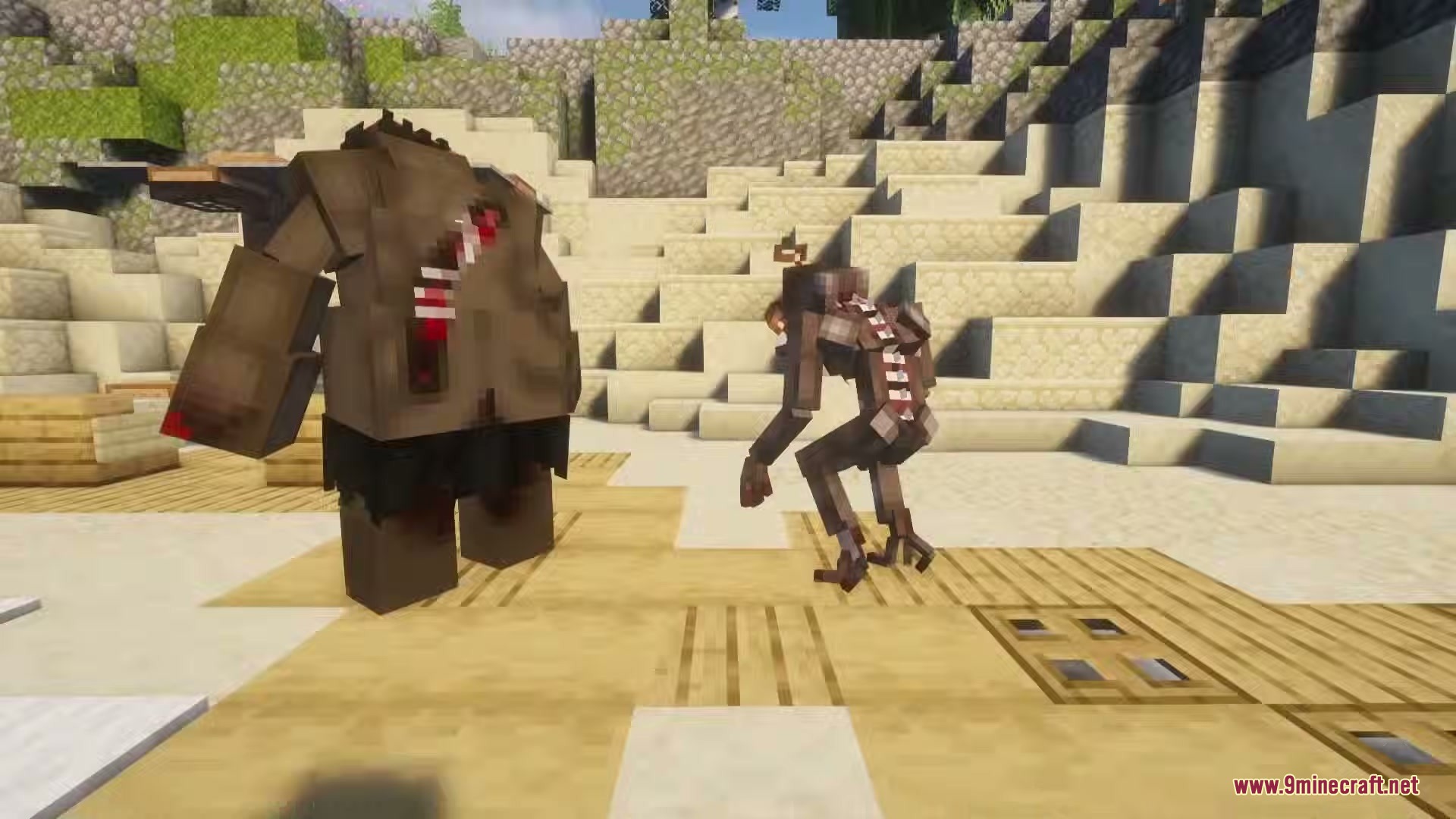 Zombie Extinction Mod Screenshot 2 The Devastator and Resonant zombies standing together on a sunny sandy beach